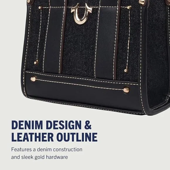 True Religion Structured Black Denim Logo Crossbody Mini Tote - Picture 3 of 5